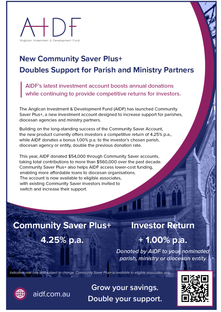 AIDF Community Saver Plus+ Account supporting you nominated Parish or Ministry Partner.